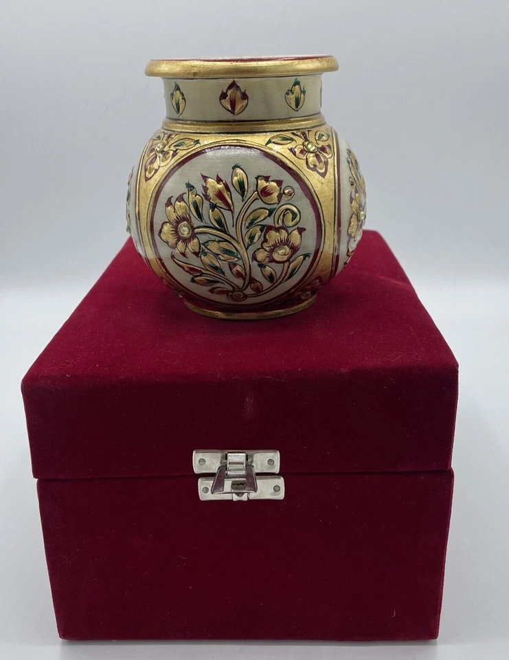 Marble Vase/Flower Pot Real Gold Accentss, Jeweled, Mughal, 4.5” Velvet Red Box - Bild 2 von 4