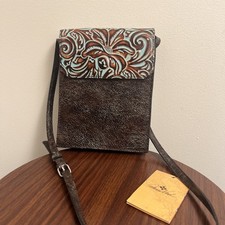 PATRICIA NASH CROSSBODY PURSE TOOLED LEATHER TURQUOISE  BROWN BAG NWT
