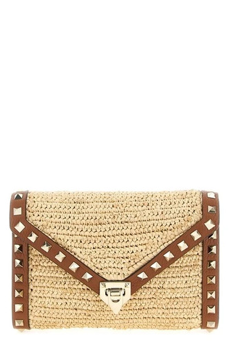 VALENTINO GARAVANI Rockstud Mini Brown Raffia Crossbody Bag New And Authentic
