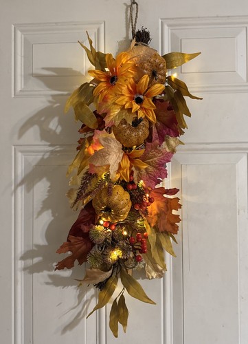 Fall Garland Autumn Lights Maple Leaves Gourd Pumpkins Battery Berries 2’ Swag