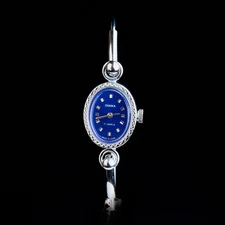 Vintage Chaika Women's Mechanical Watch Blue Dial Silver Tone Wire Bangle USSR