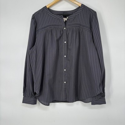 LOFT Womens Pinstripe Cotton Button Up Top XL Gray Long Sleeve Preppy Prairie