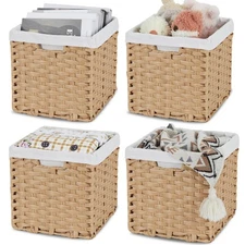 Wicker Storage Baskets with Liners 11x11 Storage Cube Bins with Handles Imita...