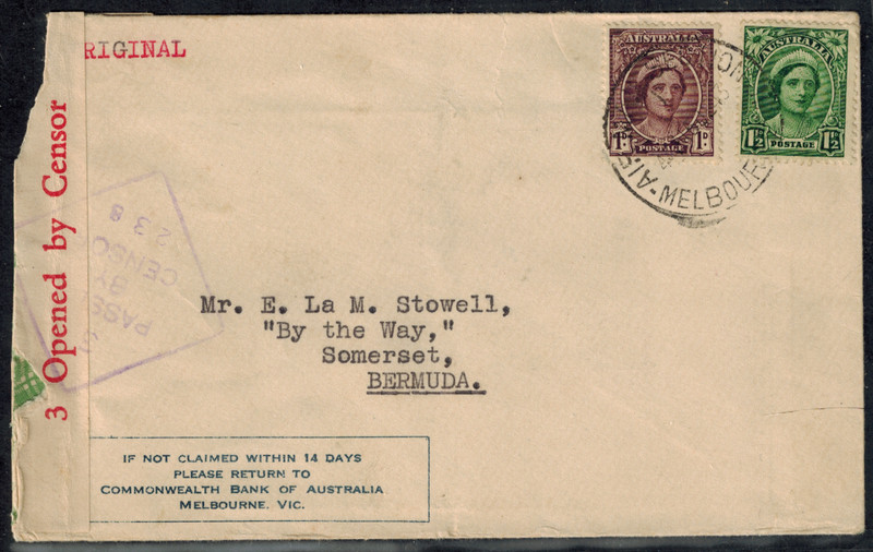 WWII Australia 1943 Censor Cover from Melbourne Censor Tape #3 & H/S #238