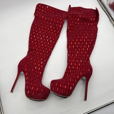 Botas hasta la rodilla Bella Luna rojas pedrería stiletto top pliegues talla 8,5