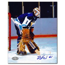 Denis Herron Pittsburgh Penguins DARK BLUE JERSEY Autographed 8x10