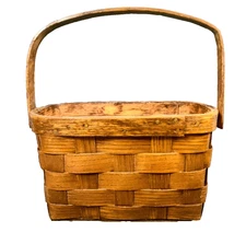 1920's Rustic Wooden Splint Basket w/ Handle Farmhouse Decor Primitive
