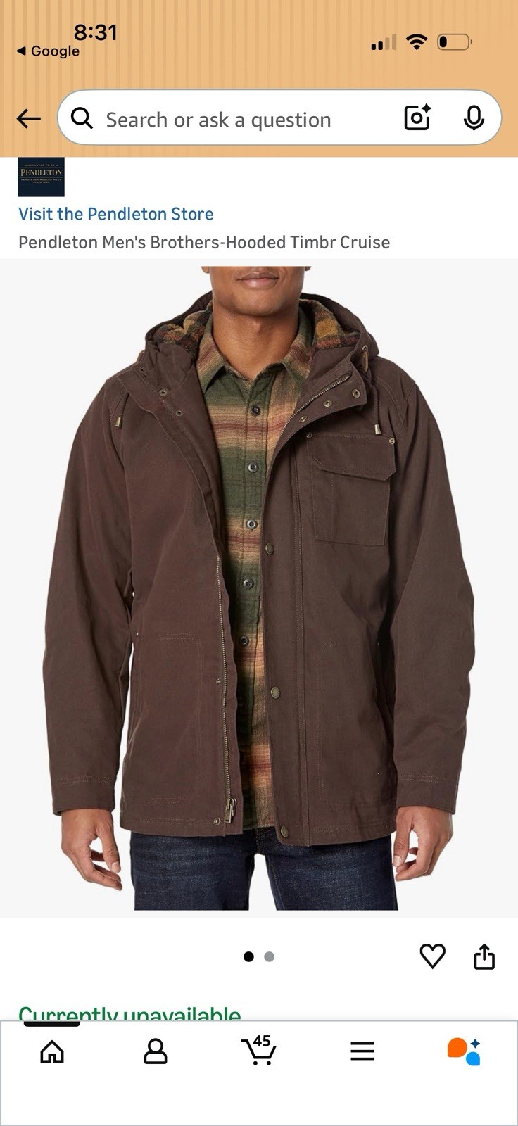 Pendleton Hooded Lined Canvas Jacket Brown XL Mid… - image 4