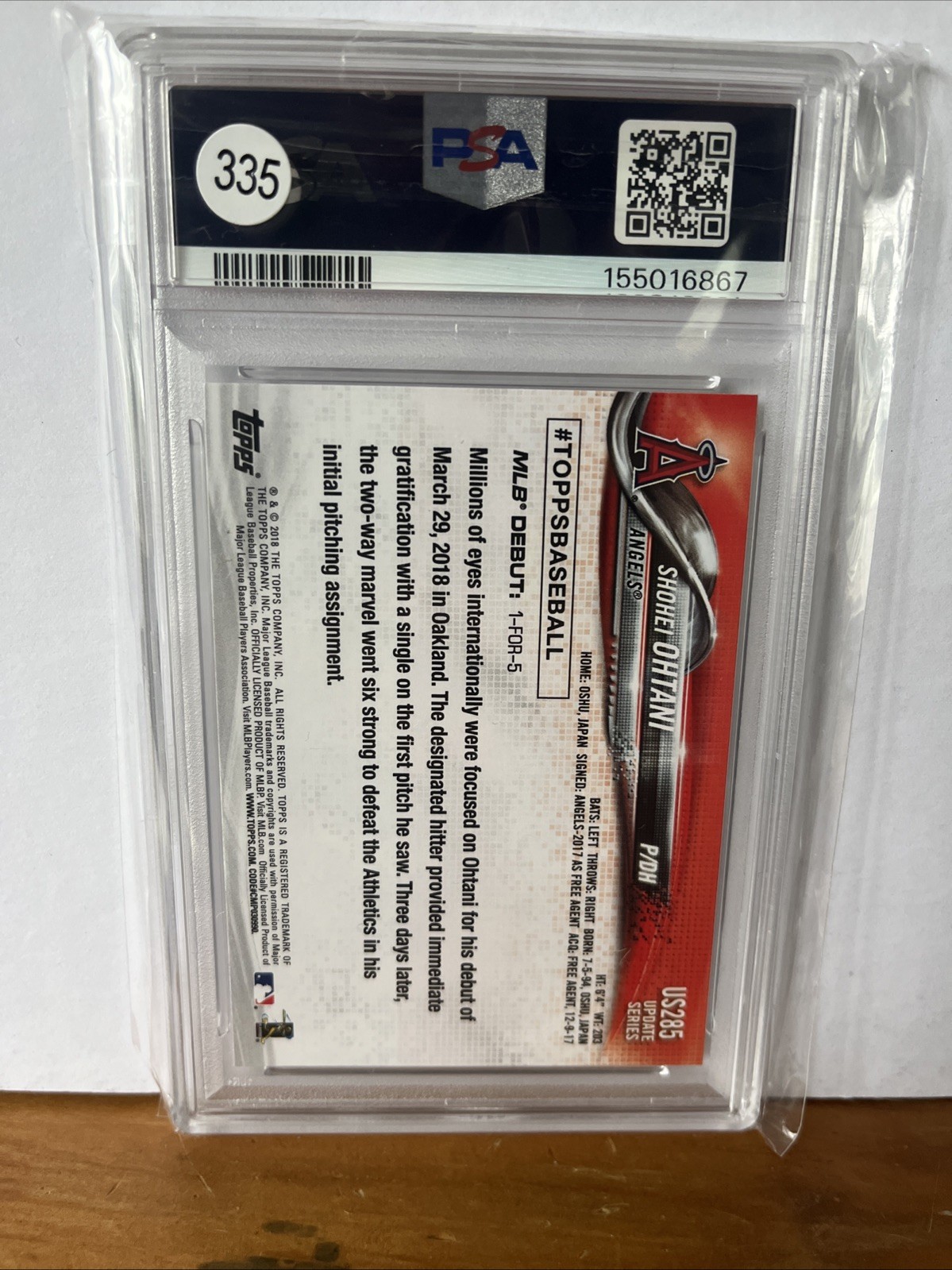 PSA 9 2018 TOPPS UPDATE Shohei Ohtani #US285 RC view 2