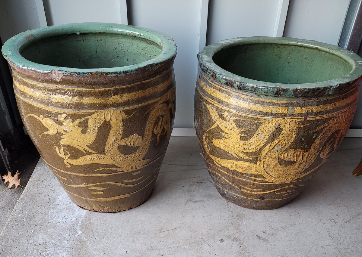Lg Vintage Chinese Dragon Egg Pot Jardiniere Planter 18