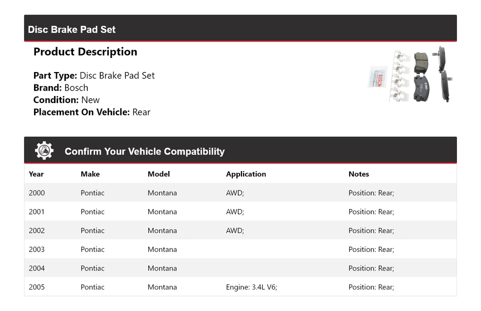 Pastilhas de freio traseiras de cerâmica QuietCast Bosch Pontiac Montana 2000-2005 2001 2002 - Imagem 2 de 4
