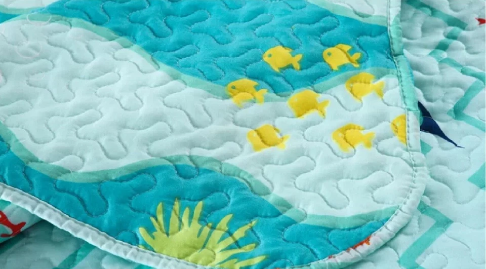 被子套装双蓝色海洋生物双面超细纤维女孩男孩海岸床上用品 — 第 3/4 张图片