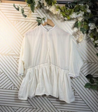 MA DAINTY Women's Blouse White With Black Trim Puff Sleeve Tie Back Size 8