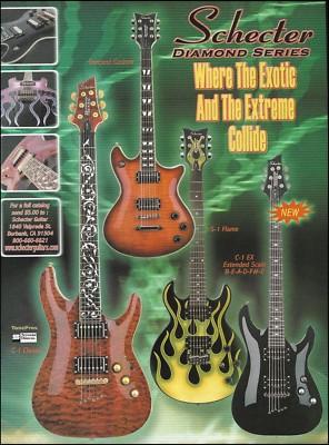 Schecter C-1 Classic EX Extended Scale Tempest Custom S-1 Flame guitar ad print