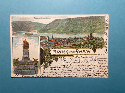 Alte AK von Gruß vom Rhein, Totalansicht von Bingen, Niederwald, gelaufen 1903