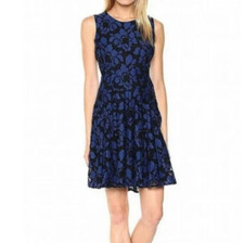 Tommy Hilfiger Dress Womens 2 Blue Black Floral Lace Sleeveless Fit Flare Ruffle