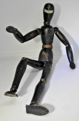 Maniquí de artista de madera vintage 9" raro ojos verdes negro ninja - Imagen 1 de 3