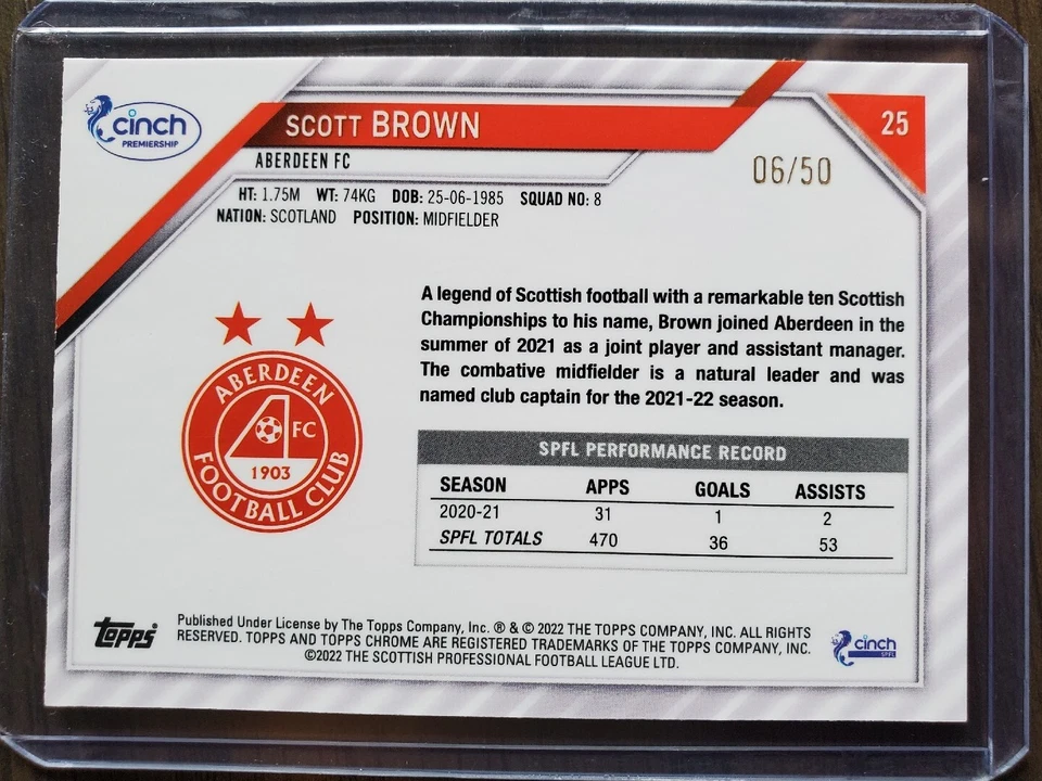 2021-22 Topps Chrome SPFL Scott Brown Green Tartan Parallel SP #/50 Aberdeen - Image 2 of 2
