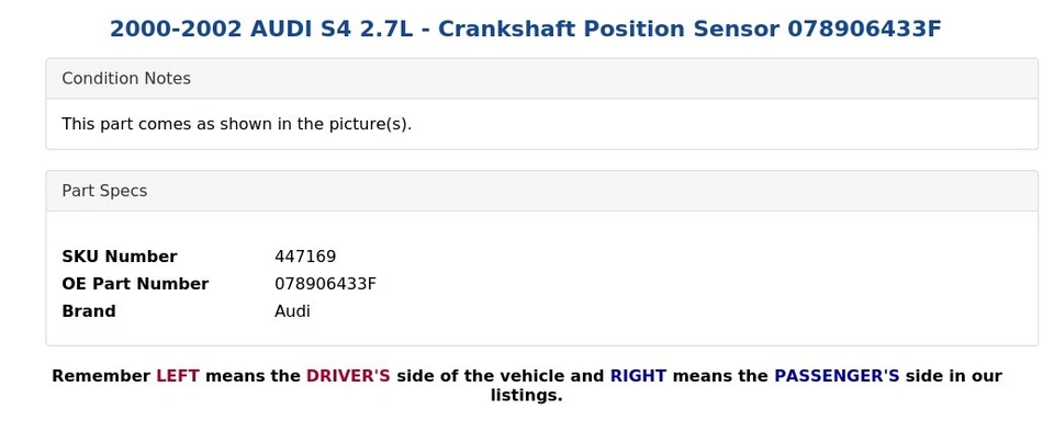 AUDI S4 2000-2002 2,7 L - Sensor de posición del cigüeñal 078906433F Foto 4 de 4