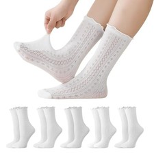 Lace Sheer Socks for Women, 10 Pairs Sheer Frilly Set One Size White