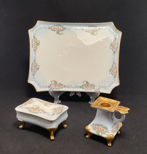 Antique Limoges Vanity Dresser Set Forget Me Nots Candlestick Trinket Box Tray