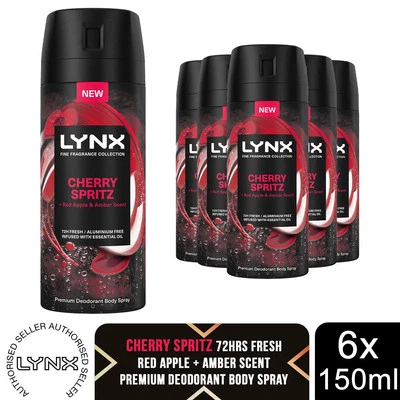 Lynx Men Deodorant Body Spray Cherry Spritz with 72Hrs Freshness 150ml, 6 Pack