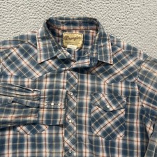 Wrangler Shirt Mens XL Blue Plaid Pearl Snap Western Cowboy Rodeo Rockabilly