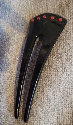 Vintage Black Resin Hair Fork With Red Accents