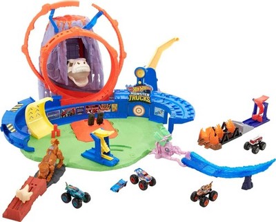 Hot Wheels Monster Trucks T-Rex Volcano Playset with 1:64 Scale Race Ace Toy Tru
