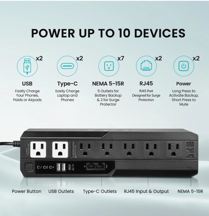 SKE Compact Size 425VA/240W UPS Battery Backup & Surge Protector for Computer