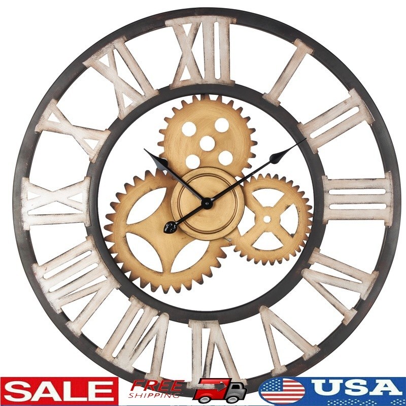 30 Inch Brown Metal Gear Wall Clock Industrial Home Decor Quartz Silent New