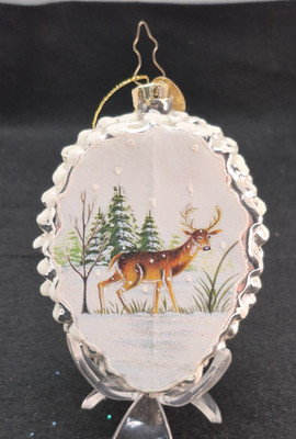 Reindeer Deer Painted Christmas Tree Ornament Pine Cone Blown Art Glass Snow 5''