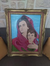 ancien tableau huile sur bois signé personnage mere et enfant