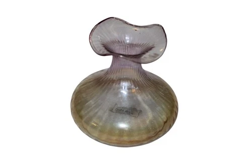 Vintage Murano Art Glass Bud Vase Hand Blown Ribbed Amber Pink Swirl 3.5"