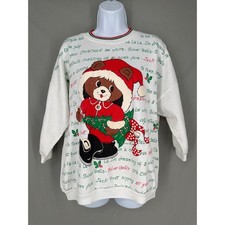 80s Vintage Christmas Sweatshirt Womens Medium Bear Holiday Santa Silver Bells