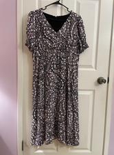 Talbots 14P Petite A-Line Dress Black Pink Floral Paisley Knee Length V-Neck