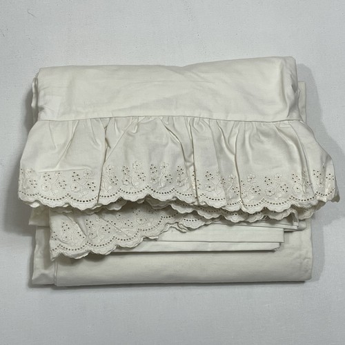 Ralph Lauren Queen Flat Sheet Bromley Linen Cotton Ruffled Eyelet Vintage - Picture 1 of 5
