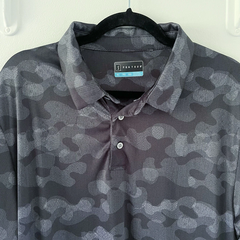 PGA Tour Shirt Mens XL Black Grey Camo Performance Golf Polo Camouflage Shirt - Image 3 of 4