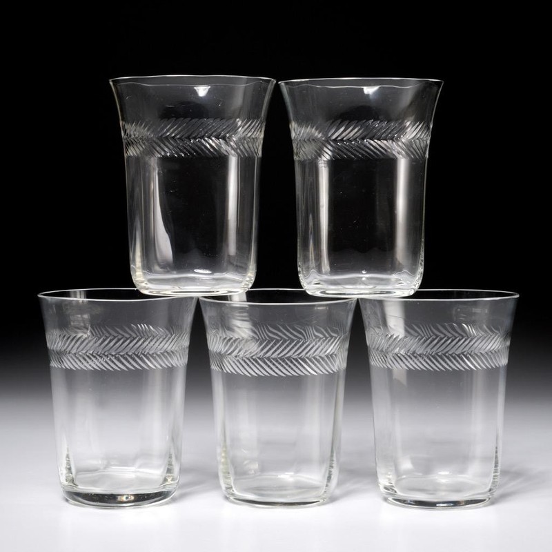 Vtg Etched Crystal Leaf Border Flared Optic Thin Tumbler Juice Drinking Glass 5p
