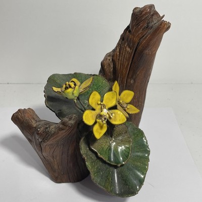 VTG Norman Brumm Handmade Painted Enamel Copper yellow Flower Wood Sculpture 5x6