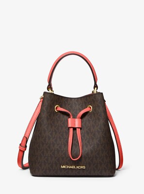 Michael Kors Suri Medium Logo Crossbody Bucket Messenger Bag Brown 