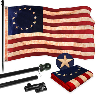 NEW G128 Betsy Ross Tea-Stained Flag & Flagpole, 5FT Black Pole and 2x3FT Emb