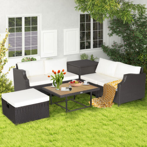 7 Pieces Hand-Woven Wicker Outdoor Furniture Set with Acacia Wood Coffee Table-W - Afbeelding 1 van 3