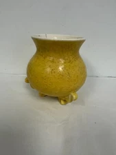 Rare Yellow Cauldron like Ceramic x3 footed Vase 5.5" H