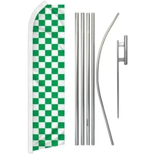 "GREEN & WHITE CHECKER" Advertising Super Flag & Pole Kit green blanco check