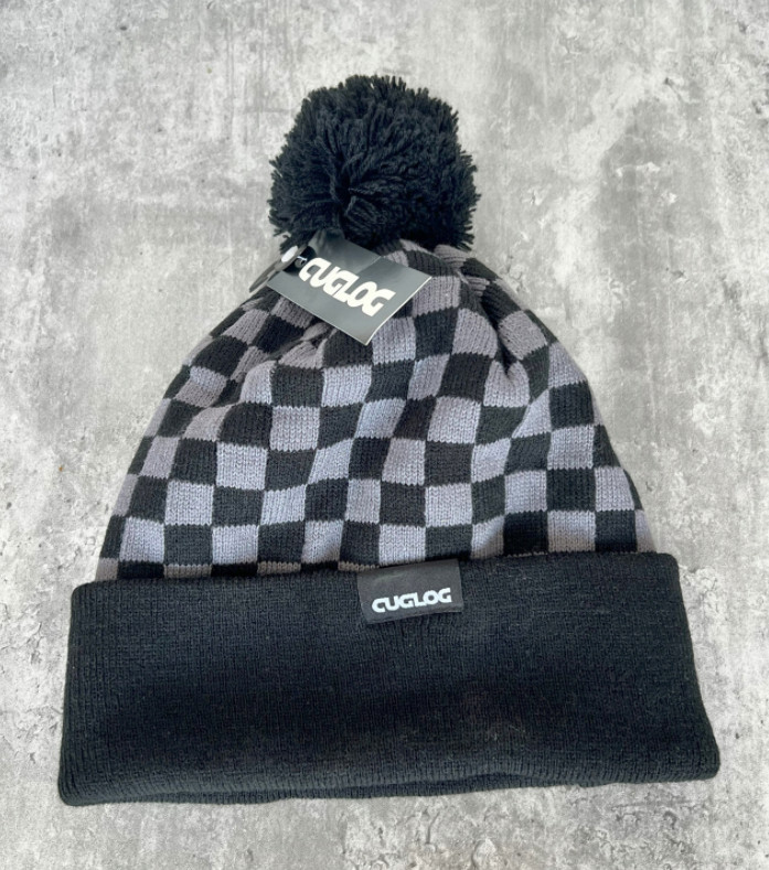 Checkered Pattern Black and Gray Pom Beanie Knit Hat New