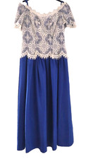 80s HOUSE OF BIANCHI BOSTON BLUE TAFFETA & LACE OFF SHOULDER FORMAL sz. M-L
