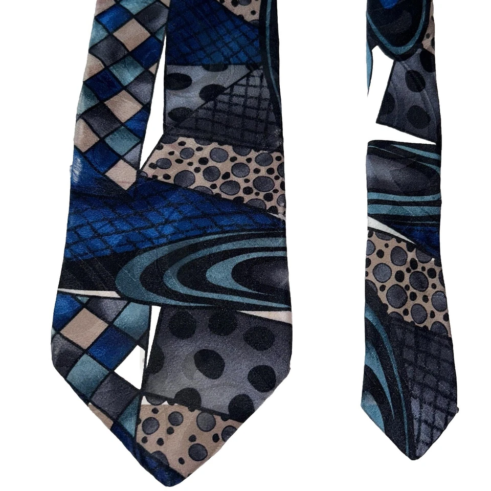 复古 Via Manzoni 领带蓝色抽象艺术 100% 意大利丝绸 62 — 第 2/4 张图片