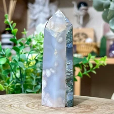 85GNatural Moss Agate+Cherry blossom agate Obelisk Quartz Crystal Tower Home De
