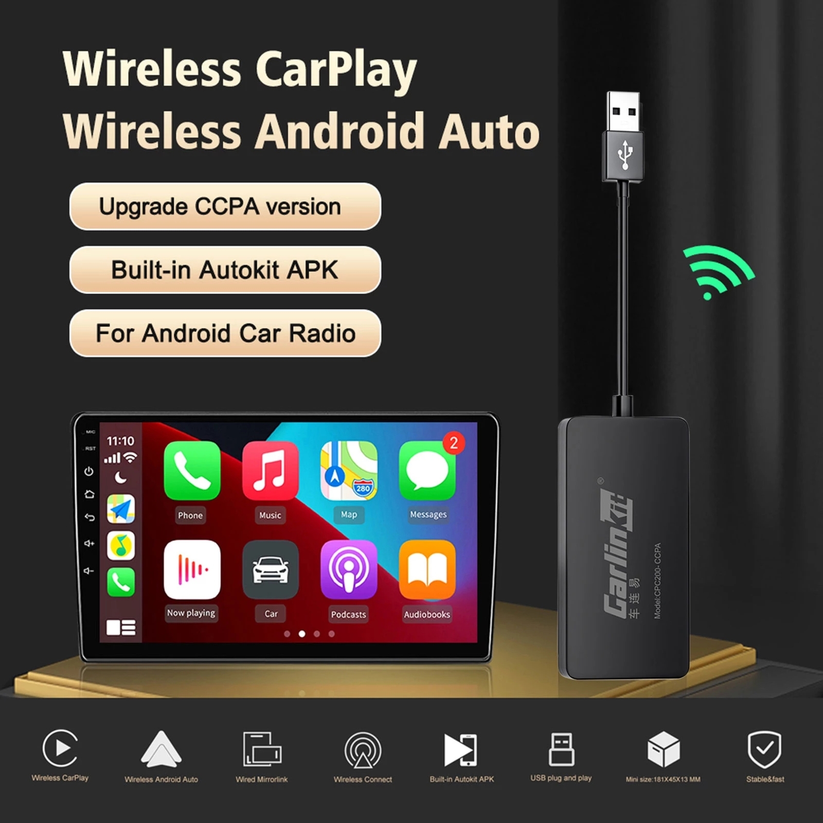 Carlinkit CPC200CCPA Wireless CarPlay Android Auto Dongle Mirror W